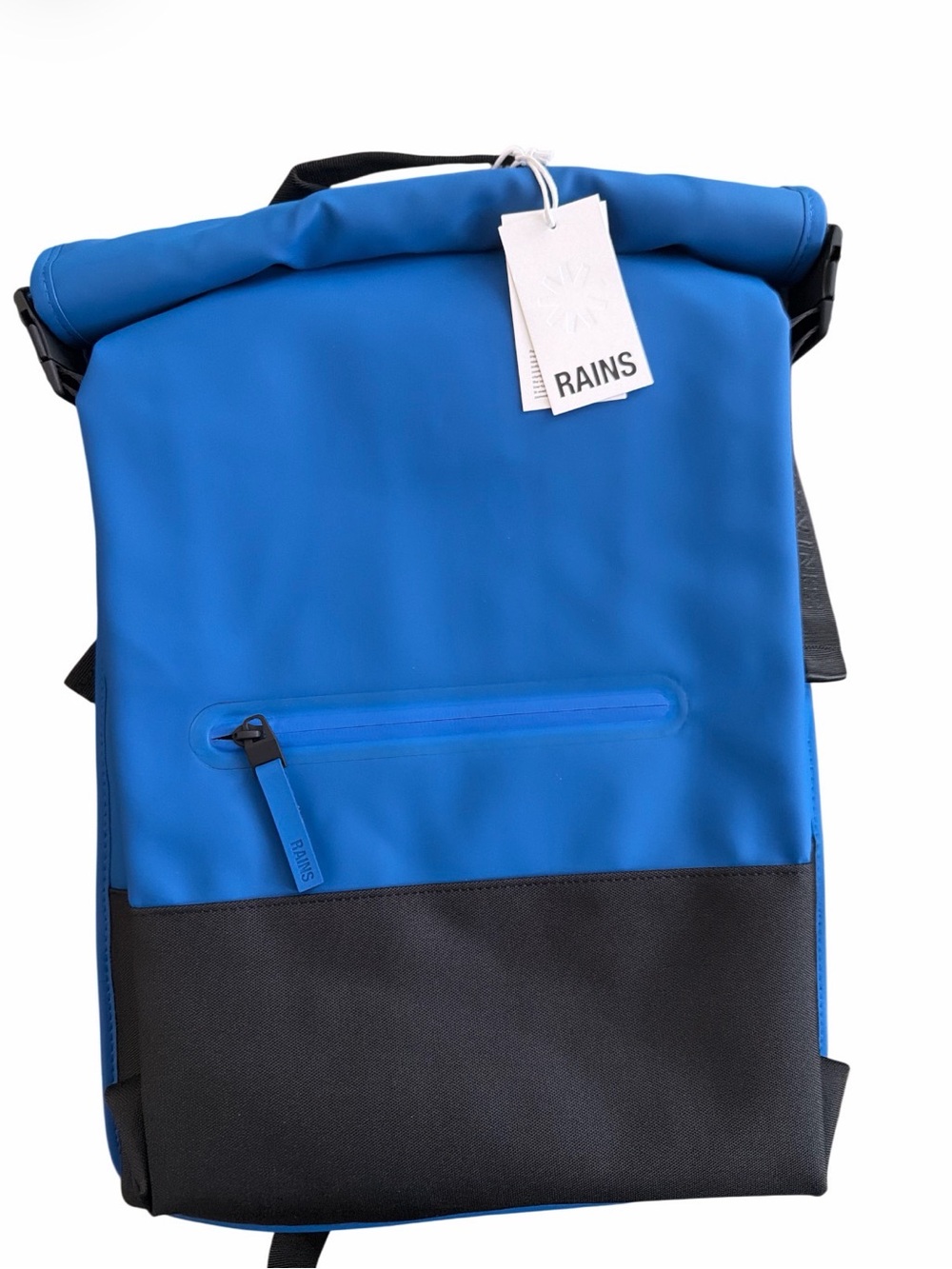 NWt•Rains Blue and Black Roll-Top Backpack•MSRP $155